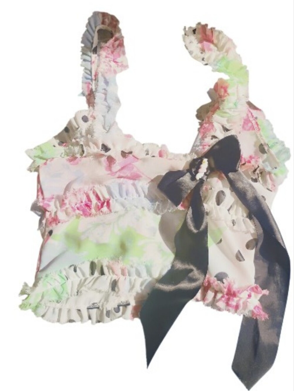 ASOS Green and Light Blue Floral Top with Satin Tie And Heart W/Wings Detail